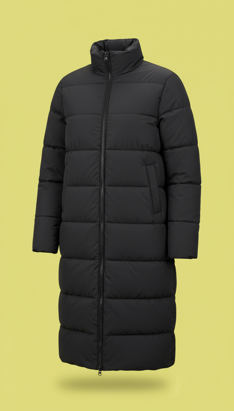 Asphalt Black full-length puffer coat