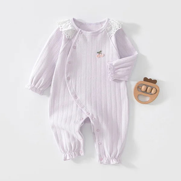 Barboteuse Bébé Fille Coton – Col Dentelle Cerises