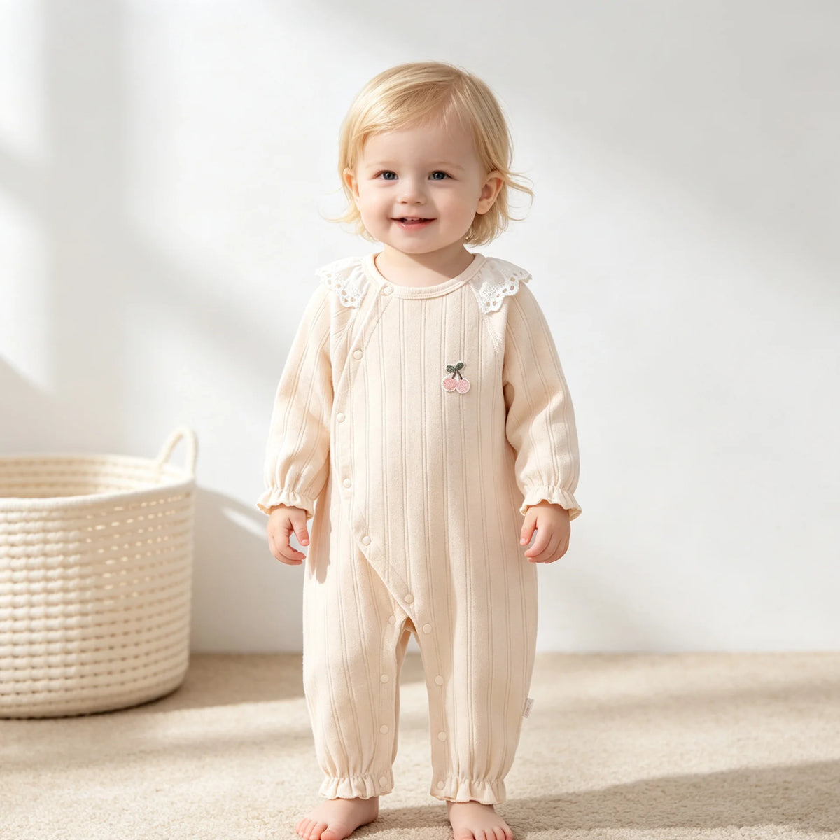 Barboteuse Bébé Fille Coton – Col Dentelle Cerises