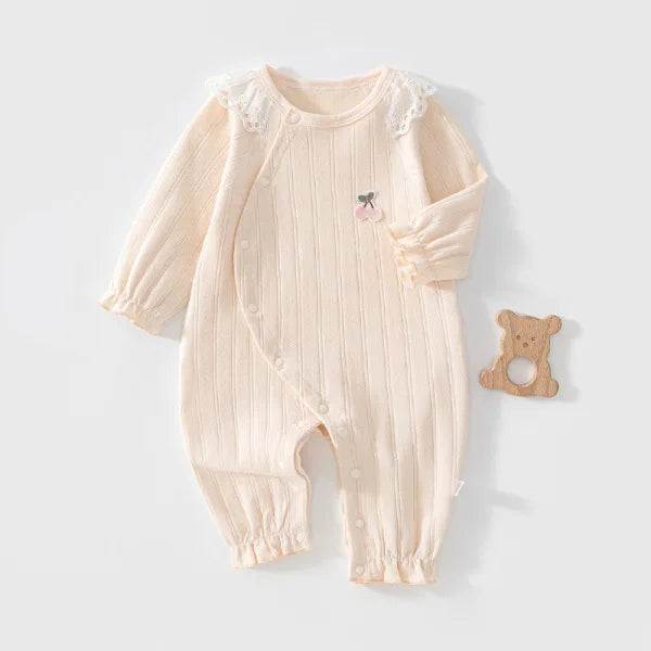 Barboteuse Bébé Fille Coton – Col Dentelle Cerises