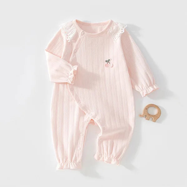 Barboteuse Bébé Fille Coton – Col Dentelle Cerises