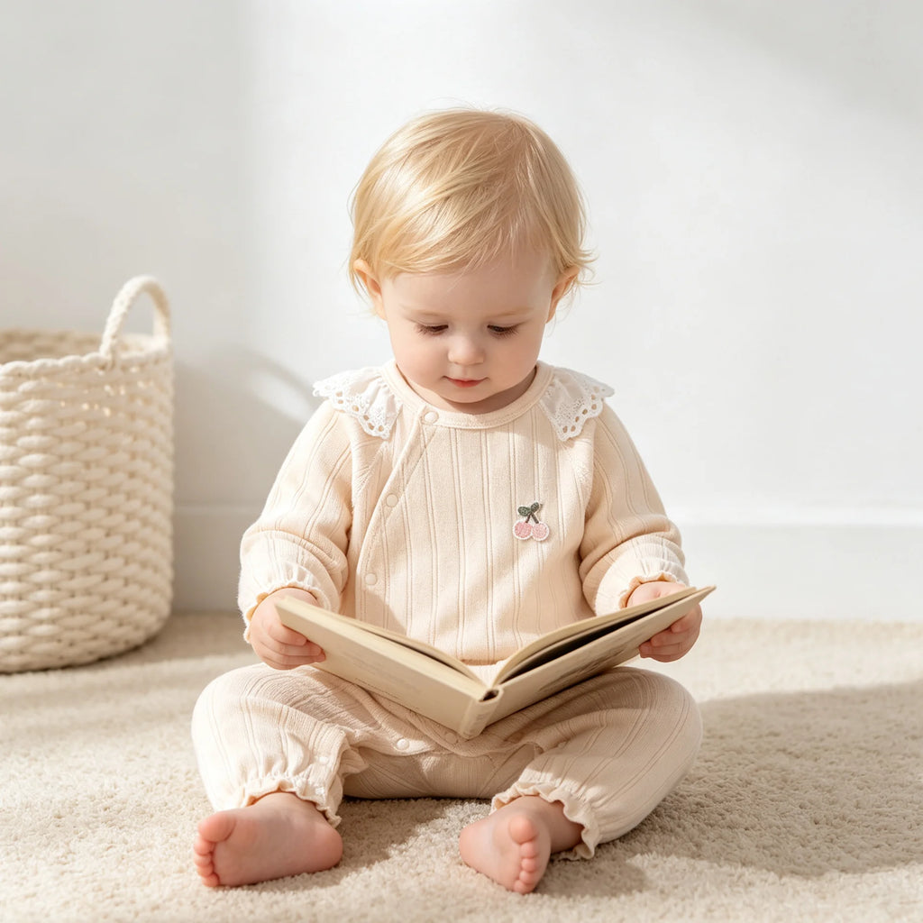 Barboteuse Bébé Fille Coton – Col Dentelle Cerises