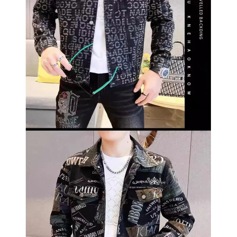 Spring Autumn 2026 Men's Long-sleeve Print Jacket Trendy Men Outerwear Detailing Slim-Fit Coat