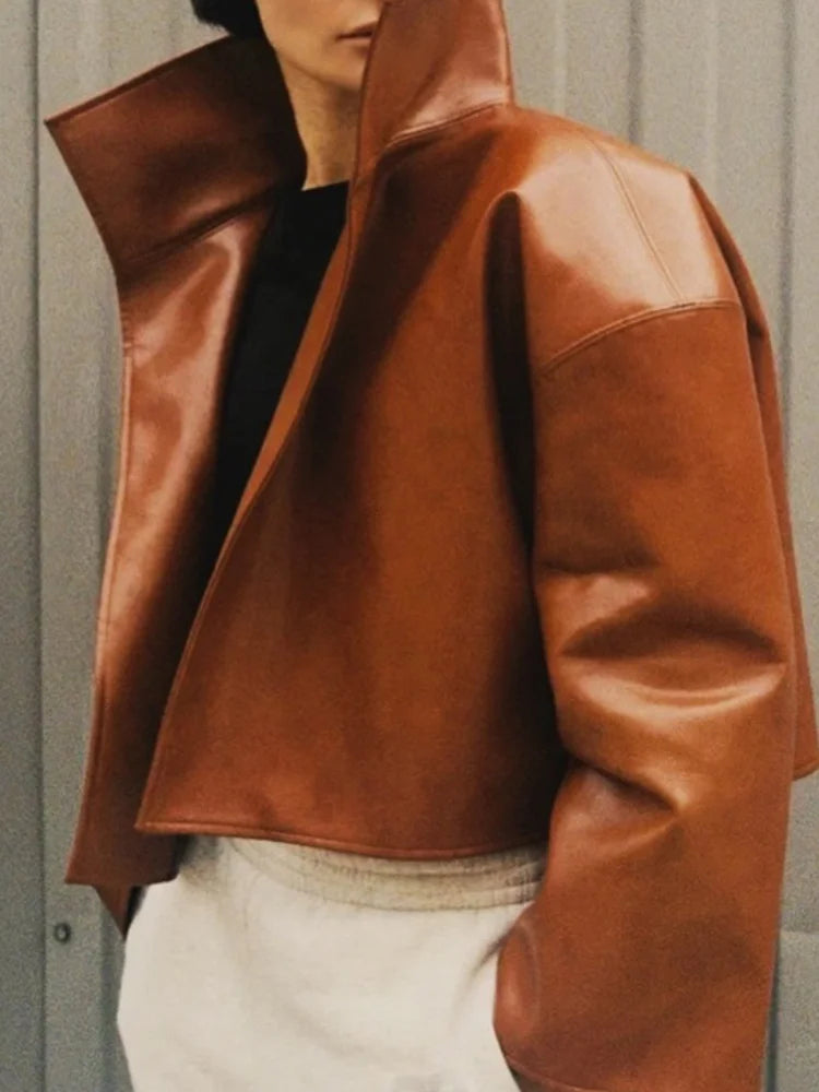 Lapel Long Sleeve Faux Leather Jacket Women Street Turn-down Collar Single Breasted Loose Coats Chic Lady Jackets New Outerwears