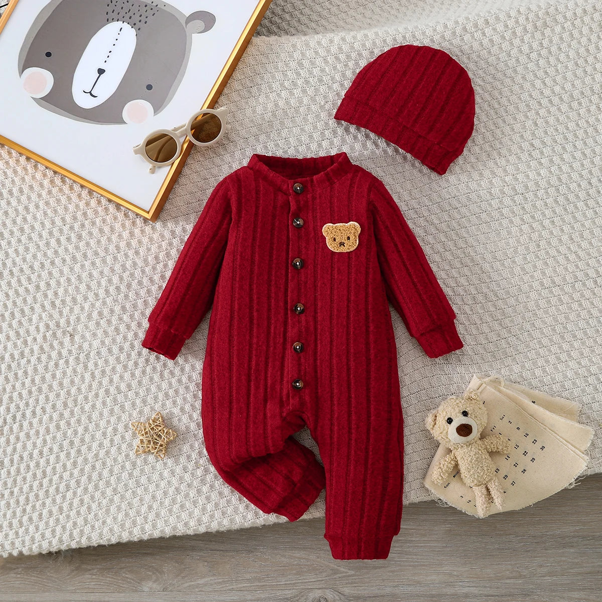 Ensemble Bébé Garçon Body Rouge + Bonnet – Automne/Hiver