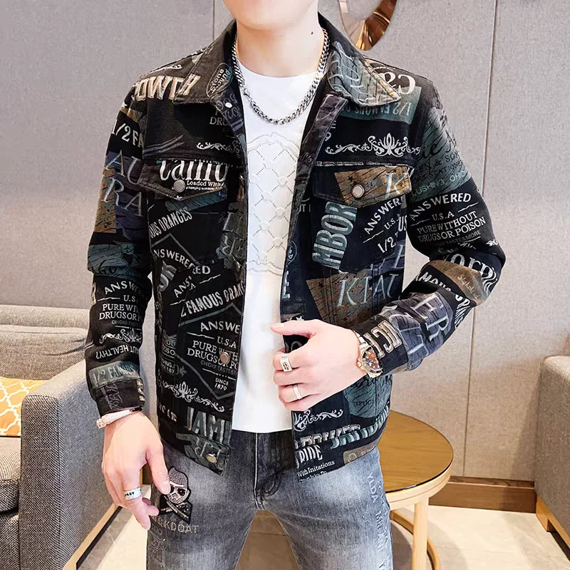 Spring Autumn 2026 Men's Long-sleeve Print Jacket Trendy Men Outerwear Detailing Slim-Fit Coat
