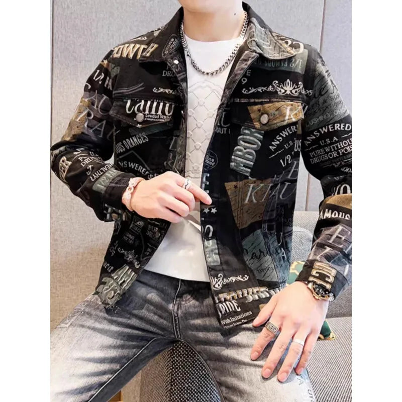 Spring Autumn 2026 Men's Long-sleeve Print Jacket Trendy Men Outerwear Detailing Slim-Fit Coat