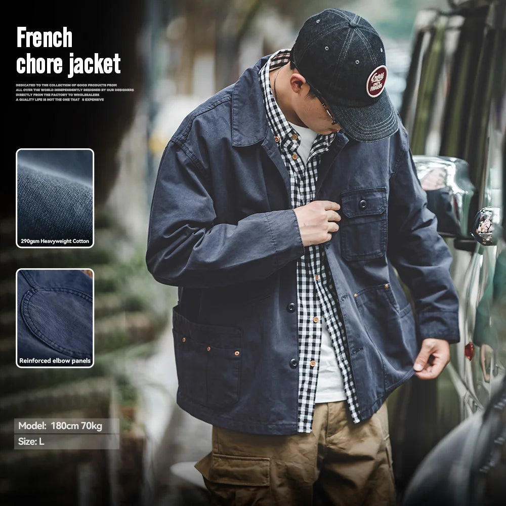 Maden Retro French Jacket Multi-Pocket Lapel Navy Heavyweight Single-breasted Hunting Coat for Men's Spring and Autumn Tops