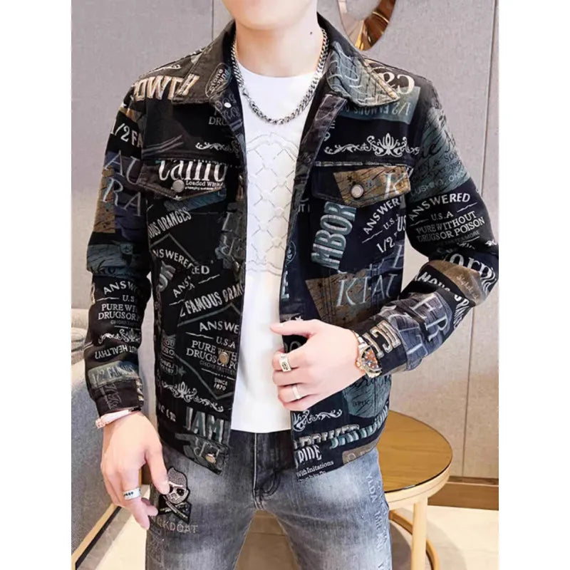 Spring Autumn 2026 Men's Long-sleeve Print Jacket Trendy Men Outerwear Detailing Slim-Fit Coat