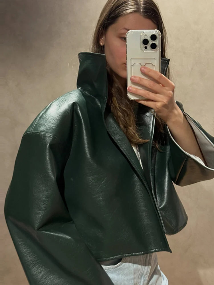 Lapel Long Sleeve Faux Leather Jacket Women Street Turn-down Collar Single Breasted Loose Coats Chic Lady Jackets New Outerwears