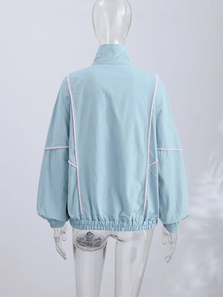 Denim Contrast Jackets Women Standneck Long Sleeves Zipper Loose Coats Female 2026 Autumn New Chic Fashion Casual Outwears Lady
