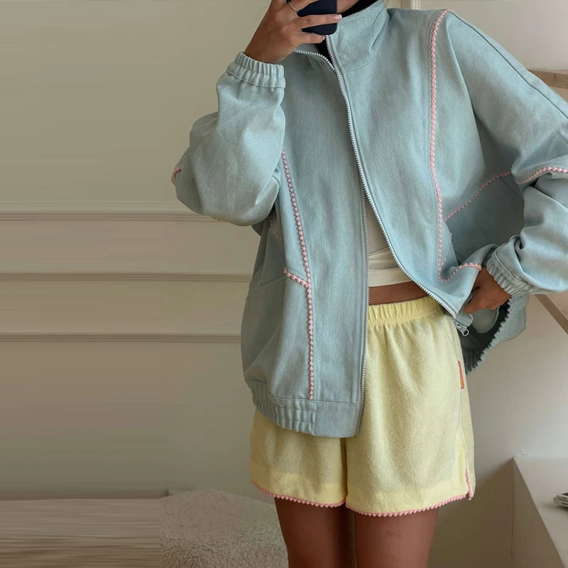 Denim Contrast Jackets Women Standneck Long Sleeves Zipper Loose Coats Female 2026 Autumn New Chic Fashion Casual Outwears Lady