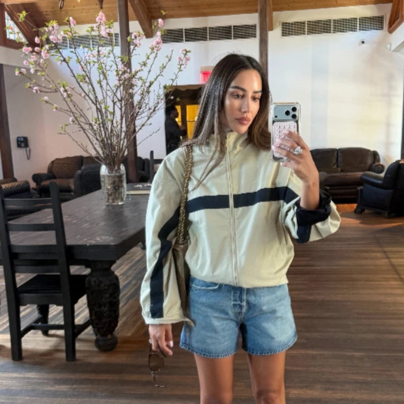 Suninheart Autumn Women's Jackets Oversized Vintage Bomber Jacket Zip Up Turn Down Collar Short Coat Streetwear Fashion Outwear