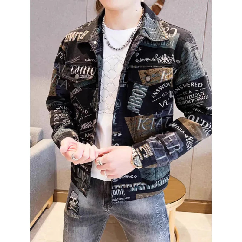 Spring Autumn 2026 Men's Long-sleeve Print Jacket Trendy Men Outerwear Detailing Slim-Fit Coat