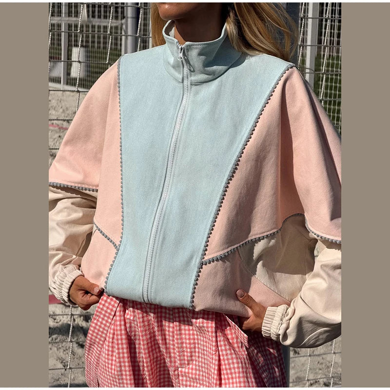 Denim Contrast Jackets Women Standneck Long Sleeves Zipper Loose Coats Female 2026 Autumn New Chic Fashion Casual Outwears Lady