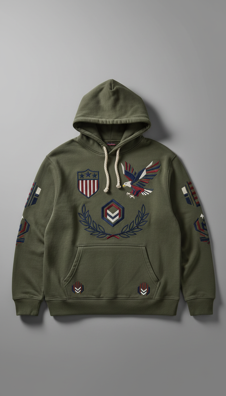 Olive Drab Hoodie with Patriotic Symbols